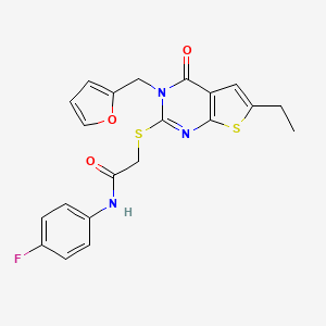 molecular formula C21H18FN3O3S2 B2592140 2-((6-ethyl-3-(furan-2-ylmethyl)-4-oxo-3,4-dihydrothieno[2,3-d]pyrimidin-2-yl)thio)-N-(4-fluorophenyl)acetamide CAS No. 923216-90-4