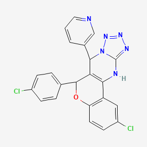 molecular formula C22H14Cl2N6O B2592182 2-chloro-6-(4-chlorophenyl)-7-(pyridin-3-yl)-7,12-dihydro-6H-chromeno[4,3-d]tetrazolo[1,5-a]pyrimidine CAS No. 923682-04-6