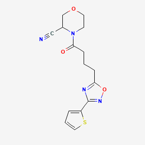 molecular formula C15H16N4O3S B2592223 4-{4-[3-(Thiophen-2-yl)-1,2,4-oxadiazol-5-yl]butanoyl}morpholine-3-carbonitrile CAS No. 1384714-43-5