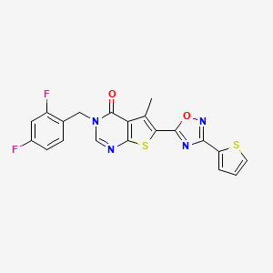 molecular formula C20H12F2N4O2S2 B2592264 3-(2,4-difluorobenzyl)-5-methyl-6-[3-(thiophen-2-yl)-1,2,4-oxadiazol-5-yl]thieno[2,3-d]pyrimidin-4(3H)-one CAS No. 1326853-81-9
