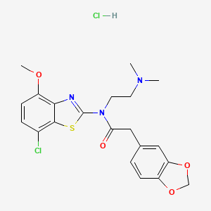 molecular formula C21H23Cl2N3O4S B2592293 2-(苯并[d][1,3]二氧杂环-5-基)-N-(7-氯-4-甲氧基苯并[d]噻唑-2-基)-N-(2-(二甲氨基)乙基)乙酰胺盐酸盐 CAS No. 1329886-68-1