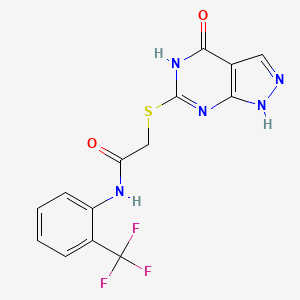 molecular formula C14H10F3N5O2S B2592376 2-((4-oxo-4,5-dihydro-1H-pyrazolo[3,4-d]pyrimidin-6-yl)thio)-N-(2-(trifluoromethyl)phenyl)acetamide CAS No. 877629-99-7