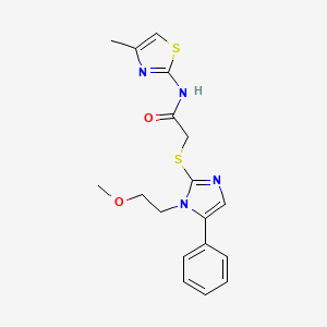 molecular formula C18H20N4O2S2 B2592392 2-((1-(2-methoxyethyl)-5-phenyl-1H-imidazol-2-yl)thio)-N-(4-methylthiazol-2-yl)acetamide CAS No. 1207021-42-8