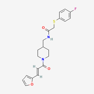molecular formula C21H23FN2O3S B2592442 (E)-2-((4-氟苯基)硫代)-N-((1-(3-(呋喃-2-基)丙烯酰)哌啶-4-基)甲基)乙酰胺 CAS No. 1235679-47-6