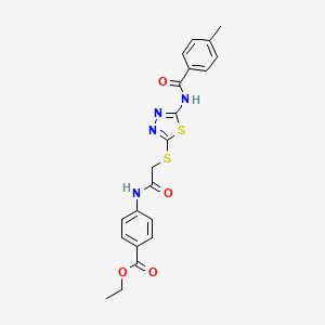 molecular formula C21H20N4O4S2 B2592447 Ethyl 4-[[2-[[5-[(4-methylbenzoyl)amino]-1,3,4-thiadiazol-2-yl]sulfanyl]acetyl]amino]benzoate CAS No. 392293-10-6