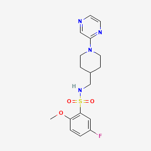 molecular formula C17H21FN4O3S B2592530 5-氟-2-甲氧基-N-((1-(吡嗪-2-基)哌啶-4-基)甲基)苯磺酰胺 CAS No. 1396578-60-1