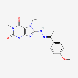 molecular formula C18H22N6O3 B2592557 7-ethyl-8-[(2E)-2-[1-(4-methoxyphenyl)ethylidene]hydrazinyl]-1,3-dimethylpurine-2,6-dione CAS No. 375354-01-1