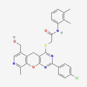 molecular formula C28H25ClN4O3S B2592568 2-((2-(4-chlorophenyl)-6-(hydroxymethyl)-9-methyl-5H-pyrido[4',3':5,6]pyrano[2,3-d]pyrimidin-4-yl)thio)-N-(2,3-dimethylphenyl)acetamide CAS No. 892383-80-1
