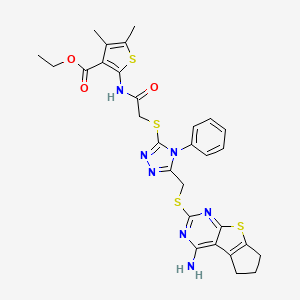 molecular formula C29H29N7O3S4 B2592849 Ethyl 2-(2-{5-[(4-amino(5,6,7-trihydrocyclopenta[1,2-d]pyrimidino[4,5-b]thioph en-2-ylthio))methyl]-4-phenyl(1,2,4-triazol-3-ylthio)}acetylamino)-4,5-dimethy lthiophene-3-carboxylate CAS No. 647819-70-3