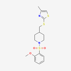 molecular formula C17H22N2O3S3 B2593005 2-(((1-((2-甲氧基苯基)磺酰基)哌啶-4-基)甲基)硫)-4-甲基噻唑 CAS No. 1428378-25-9