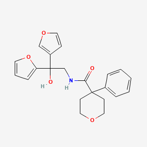 molecular formula C22H23NO5 B2593010 N-(2-(furan-2-yl)-2-(furan-3-yl)-2-hydroxyethyl)-4-phenyltetrahydro-2H-pyran-4-carboxamide CAS No. 2034329-32-1