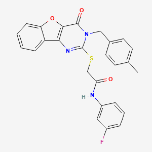 molecular formula C26H20FN3O3S B2593053 N-(3-fluorophenyl)-2-[[3-[(4-methylphenyl)methyl]-4-oxo-[1]benzofuro[3,2-d]pyrimidin-2-yl]sulfanyl]acetamide CAS No. 866846-04-0