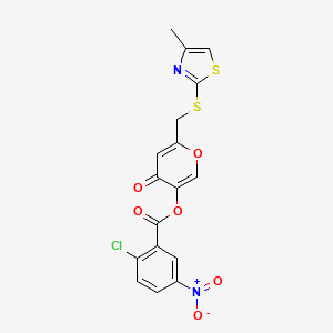 molecular formula C17H11ClN2O6S2 B2593087 6-(((4-methylthiazol-2-yl)thio)methyl)-4-oxo-4H-pyran-3-yl 2-chloro-5-nitrobenzoate CAS No. 896304-95-3