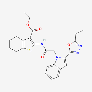 molecular formula C25H26N4O4S B2593158 ethyl 2-(2-(2-(5-ethyl-1,3,4-oxadiazol-2-yl)-1H-indol-1-yl)acetamido)-4,5,6,7-tetrahydrobenzo[b]thiophene-3-carboxylate CAS No. 955544-86-2
