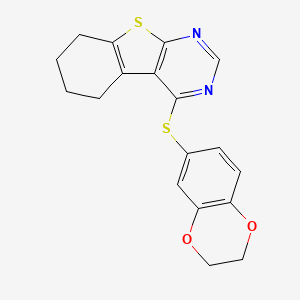 molecular formula C18H16N2O2S2 B2593186 4-(2,3-Dihydro-1,4-benzodioxin-6-ylsulfanyl)-5,6,7,8-tetrahydro[1]benzothieno[2,3-d]pyrimidine CAS No. 379243-69-3