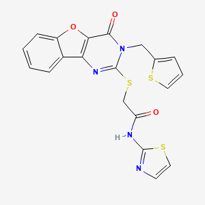 2-{[4-oxo-3-(thiophen-2-ylmethyl)-3,4-dihydro[1]benzofuro[3,2-d]pyrimidin-2-yl]sulfanyl}-N-(1,3-thiazol-2-yl)acetamide