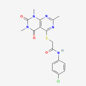 molecular formula C17H16ClN5O3S B2593259 N-(4-chlorophenyl)-2-(1,3,7-trimethyl-2,4-dioxopyrimido[4,5-d]pyrimidin-5-yl)sulfanylacetamide CAS No. 852168-13-9