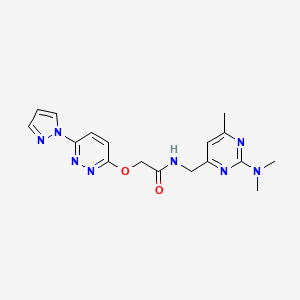molecular formula C17H20N8O2 B2593264 2-((6-(1H-pyrazol-1-yl)pyridazin-3-yl)oxy)-N-((2-(dimethylamino)-6-methylpyrimidin-4-yl)methyl)acetamide CAS No. 1797721-69-7