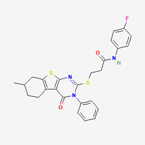 molecular formula C26H24FN3O2S2 B2593267 N-(4-fluorophenyl)-3-({11-methyl-3-oxo-4-phenyl-8-thia-4,6-diazatricyclo[7.4.0.0^{2,7}]trideca-1(9),2(7),5-trien-5-yl}sulfanyl)propanamide CAS No. 690644-55-4