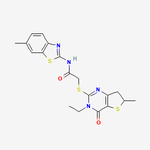 molecular formula C19H20N4O2S3 B2593268 2-[(3-乙基-6-甲基-4-氧代-6,7-二氢噻吩并[3,2-d]嘧啶-2-基)硫代]-N-(6-甲基-1,3-苯并噻唑-2-基)乙酰胺 CAS No. 851409-54-6