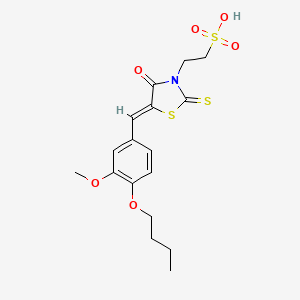 molecular formula C17H21NO6S3 B2593320 (Z)-2-(5-(4-butoxy-3-methoxybenzylidene)-4-oxo-2-thioxothiazolidin-3-yl)ethanesulfonic acid CAS No. 881799-57-1