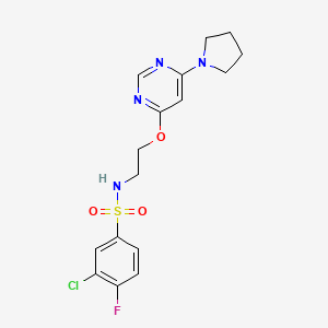 molecular formula C16H18ClFN4O3S B2593356 3-chloro-4-fluoro-N-(2-((6-(pyrrolidin-1-yl)pyrimidin-4-yl)oxy)ethyl)benzenesulfonamide CAS No. 1203243-01-9