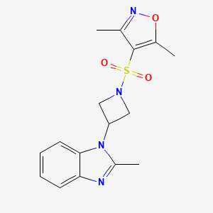 molecular formula C16H18N4O3S B2593375 3,5-Dimethyl-4-[3-(2-methylbenzimidazol-1-yl)azetidin-1-yl]sulfonyl-1,2-oxazole CAS No. 2380187-54-0