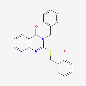 molecular formula C21H16FN3OS B2593486 3-Benzyl-2-[(2-fluorophenyl)methylsulfanyl]pyrido[2,3-d]pyrimidin-4-one CAS No. 902909-89-1