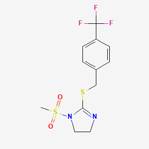 molecular formula C12H13F3N2O2S2 B2593539 1-甲基磺酰基-2-[[4-(三氟甲基)苯基]甲基硫代]-4,5-二氢咪唑 CAS No. 868218-23-9