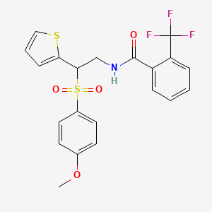 molecular formula C21H18F3NO4S2 B2593572 N-(2-((4-甲氧基苯基)磺酰基)-2-(噻吩-2-基)乙基)-2-(三氟甲基)苯甲酰胺 CAS No. 923193-33-3