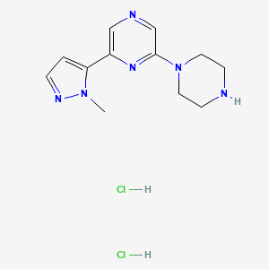 molecular formula C12H18Cl2N6 B2593745 2-(2-Methylpyrazol-3-yl)-6-piperazin-1-ylpyrazine;dihydrochloride CAS No. 2415543-37-0