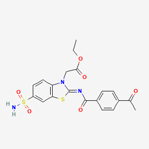 molecular formula C20H19N3O6S2 B2593782 (Z)-ethyl 2-(2-((4-acetylbenzoyl)imino)-6-sulfamoylbenzo[d]thiazol-3(2H)-yl)acetate CAS No. 865247-74-1