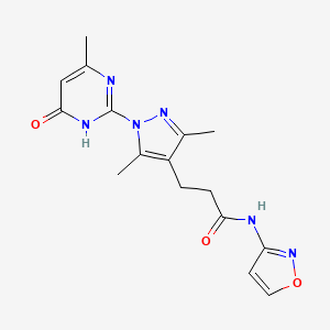 molecular formula C16H18N6O3 B2593793 3-(3,5-dimethyl-1-(4-methyl-6-oxo-1,6-dihydropyrimidin-2-yl)-1H-pyrazol-4-yl)-N-(isoxazol-3-yl)propanamide CAS No. 1172805-58-1