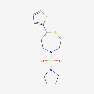molecular formula C13H20N2O2S3 B2593802 4-(Pyrrolidin-1-ylsulfonyl)-7-(thiophen-2-yl)-1,4-thiazepane CAS No. 1705356-94-0