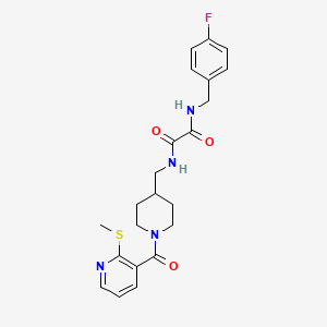 molecular formula C22H25FN4O3S B2593838 N1-(4-氟苄基)-N2-((1-(2-(甲硫基)烟酰基)哌啶-4-基)甲基)草酰胺 CAS No. 1235625-79-2