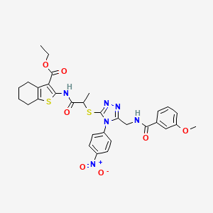 molecular formula C31H32N6O7S2 B2593862 Ethyl 2-[2-[[5-[[(3-methoxybenzoyl)amino]methyl]-4-(4-nitrophenyl)-1,2,4-triazol-3-yl]sulfanyl]propanoylamino]-4,5,6,7-tetrahydro-1-benzothiophene-3-carboxylate CAS No. 393817-96-4