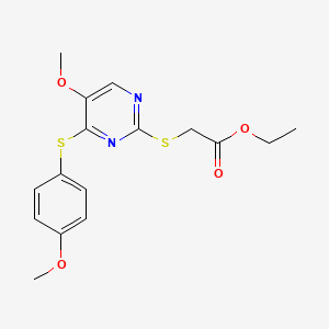 molecular formula C16H18N2O4S2 B2593887 2-((5-甲氧基-4-((4-甲氧基苯基)硫代)-2-嘧啶基)硫代)乙酸乙酯 CAS No. 338423-26-0