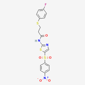 molecular formula C18H14FN3O5S3 B2593904 3-((4-fluorophenyl)thio)-N-(5-((4-nitrophenyl)sulfonyl)thiazol-2-yl)propanamide CAS No. 896353-77-8