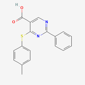 molecular formula C18H14N2O2S B2593980 4-[(4-Methylphenyl)sulfanyl]-2-phenyl-5-pyrimidinecarboxylic acid CAS No. 477854-53-8