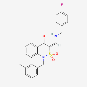 molecular formula C24H21FN2O3S B2593987 (3E)-3-{[(4-fluorobenzyl)amino]methylene}-1-(3-methylbenzyl)-1H-2,1-benzothiazin-4(3H)-one 2,2-dioxide CAS No. 892309-68-1