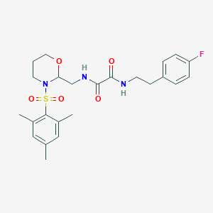molecular formula C24H30FN3O5S B2594000 N1-(4-fluorophenethyl)-N2-((3-(mesitylsulfonyl)-1,3-oxazinan-2-yl)methyl)oxalamide CAS No. 872976-14-2