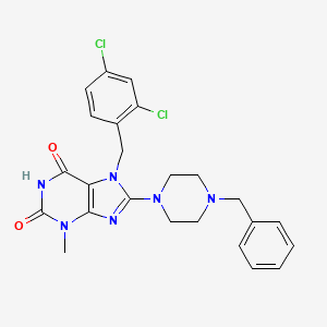 molecular formula C24H24Cl2N6O2 B2594026 7-[(2,4-Dichlorophenyl)methyl]-3-methyl-8-[4-benzylpiperazinyl]-1,3,7-trihydro purine-2,6-dione CAS No. 886909-90-6