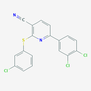 molecular formula C18H9Cl3N2S B2594055 2-[(3-Chlorophenyl)sulfanyl]-6-(3,4-dichlorophenyl)nicotinonitrile CAS No. 252059-67-9