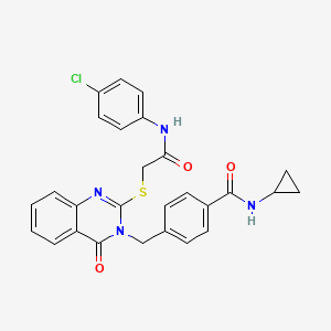 molecular formula C27H23ClN4O3S B2594087 4-((2-((2-((4-クロロフェニル)アミノ)-2-オキソエチル)チオ)-4-オキソキナゾリン-3(4H)-イル)メチル)-N-シクロプロピルベンザミド CAS No. 1115324-03-2