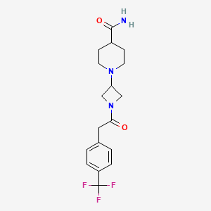 molecular formula C18H22F3N3O2 B2594125 1-(1-(2-(4-(三氟甲基)苯基)乙酰)氮杂环丁烷-3-基)哌啶-4-甲酰胺 CAS No. 2034293-08-6