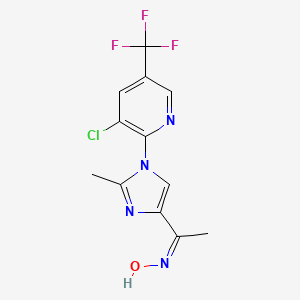 molecular formula C12H10ClF3N4O B2594145 1-{1-[3-氯-5-(三氟甲基)-2-吡啶基]-2-甲基-1H-咪唑-4-基}-1-乙酮肟 CAS No. 251096-48-7