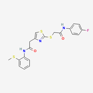 molecular formula C20H18FN3O2S3 B2594167 N-(4-fluorophenyl)-2-((4-(2-((2-(methylthio)phenyl)amino)-2-oxoethyl)thiazol-2-yl)thio)acetamide CAS No. 941874-35-7