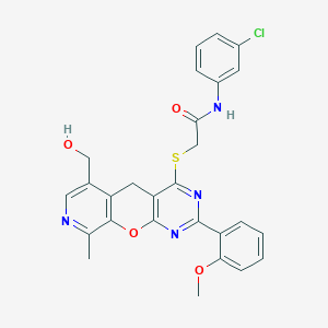 molecular formula C27H23ClN4O4S B2594184 N-(3-chlorophenyl)-2-((6-(hydroxymethyl)-2-(2-methoxyphenyl)-9-methyl-5H-pyrido[4',3':5,6]pyrano[2,3-d]pyrimidin-4-yl)thio)acetamide CAS No. 892380-24-4