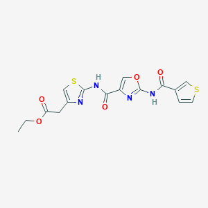 molecular formula C16H14N4O5S2 B2594186 2-(2-(2-(噻吩-3-甲酰胺)恶唑-4-甲酰胺)噻唑-4-基)乙酸乙酯 CAS No. 1421508-01-1