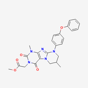 molecular formula C25H25N5O5 B2594233 2-(1,7-二甲基-2,4-二氧代-9-(4-苯氧基苯基)-1,2,6,7,8,9-六氢吡咪并[2,1-f]嘌呤-3(4H)-基)乙酸甲酯 CAS No. 876151-76-7